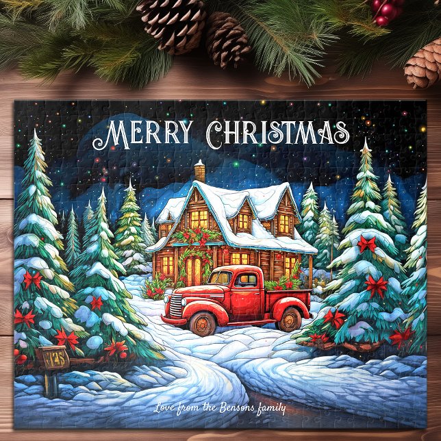 Quebra-cabeça Pinheiros de neve de Natal Feliz Natal (Christmas Cabin Snow Pine Forest Happy Holiday Art Jigsaw Puzzle)