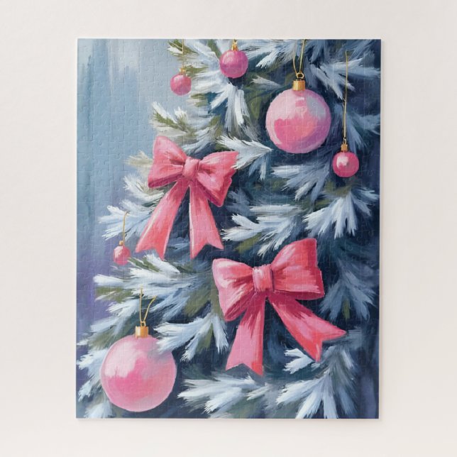 Quebra-cabeça Pink Christmas Tree | Bows Ornaments Watercolor (Vertical)