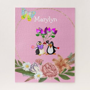 Quebra-cabeça Pink Floral Monograma Penguin