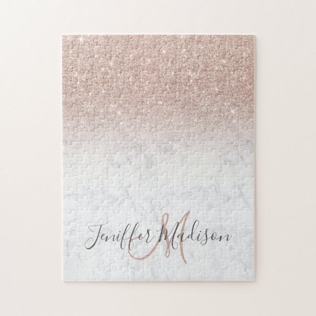 Quebra-cabeça Pink rose gold glitter white marble Personalized   (Vertical)