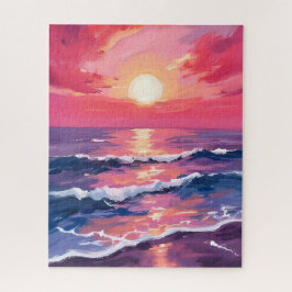 Quebra-cabeça Pink Sunset Purple Ocean Waves Watercolor