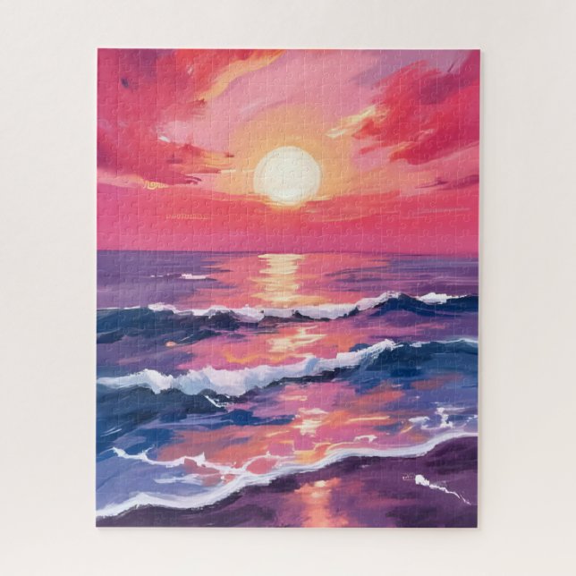 Quebra-cabeça Pink Sunset Purple Ocean Waves Watercolor (Vertical)