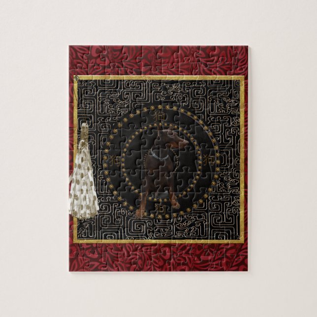 Quebra-cabeça Pinscher do Doberman, forma redonda, cão no chinês (Vertical)