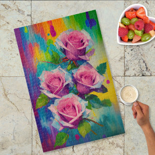 Quebra-cabeça Pintura a Óleo de Buquê de Rosas Cor-de-Rosa Arte