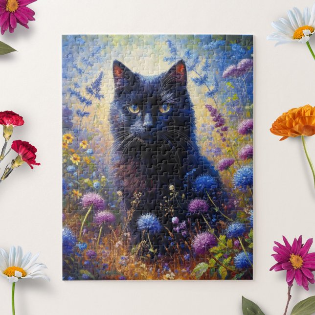 Quebra-cabeça Pintura a óleo de gata e flores silvestres púrpura (Criador carregado)