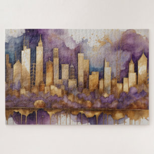 Quebra-cabeça Pintura Abstrata Aquarela Paisagem Urbana Dourada