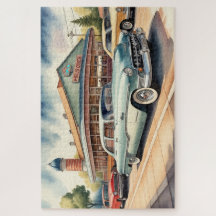 Pintura aquosa de Carros vintage e Diner