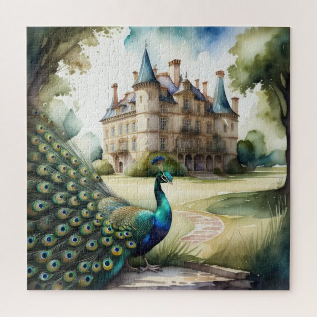 Quebra-cabeça Pintura aquosa de Peacock e Chateau (Vertical)