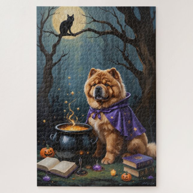 Quebra-cabeça Pintura Caprichosa de Halloween com Cachorro Chow  (Vertical)