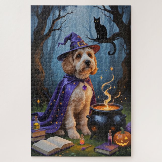 Quebra-cabeça Pintura caprichosa de Halloween de cão Cockapoo (Vertical)