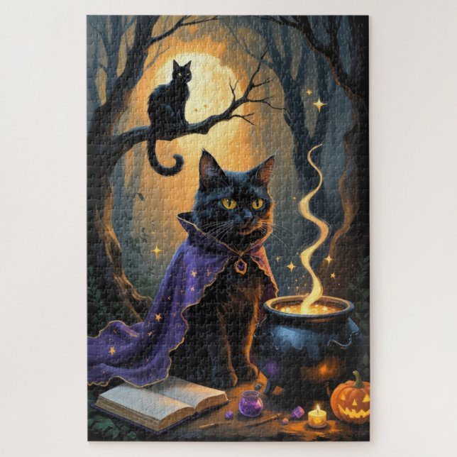 Quebra-cabeça Pintura Caprichosa de Halloween de Gato Preto (Vertical)