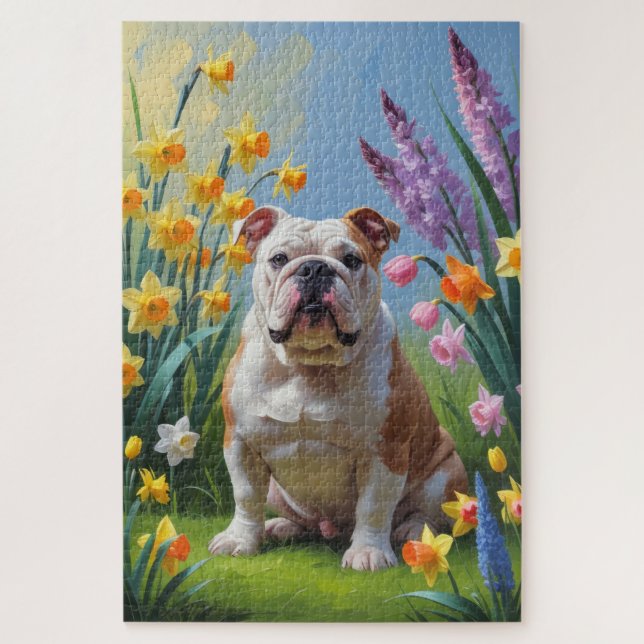 Quebra-cabeça Pintura das Flores da Primavera do Bulldog (Vertical)