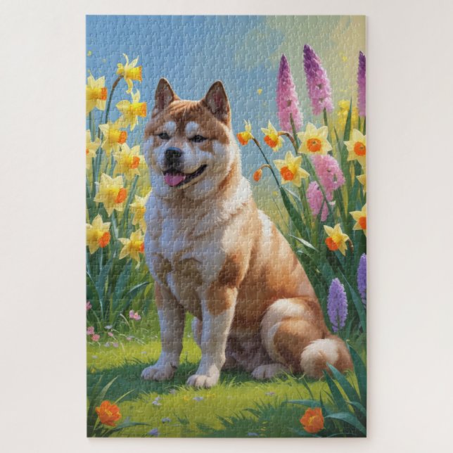Quebra-cabeça Pintura das Flores de Cachorro Akita (Vertical)
