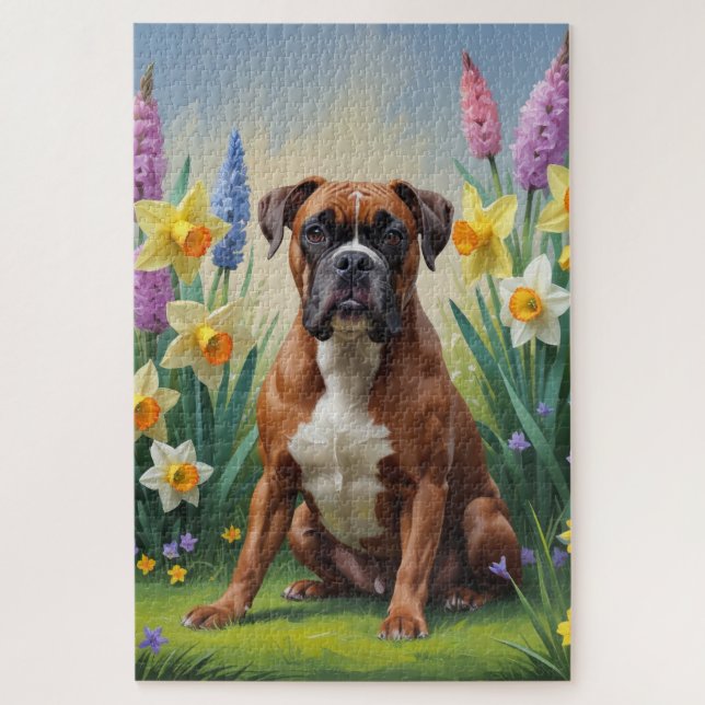 Quebra-cabeça Pintura das Flores de Cachorro Boxer (Vertical)