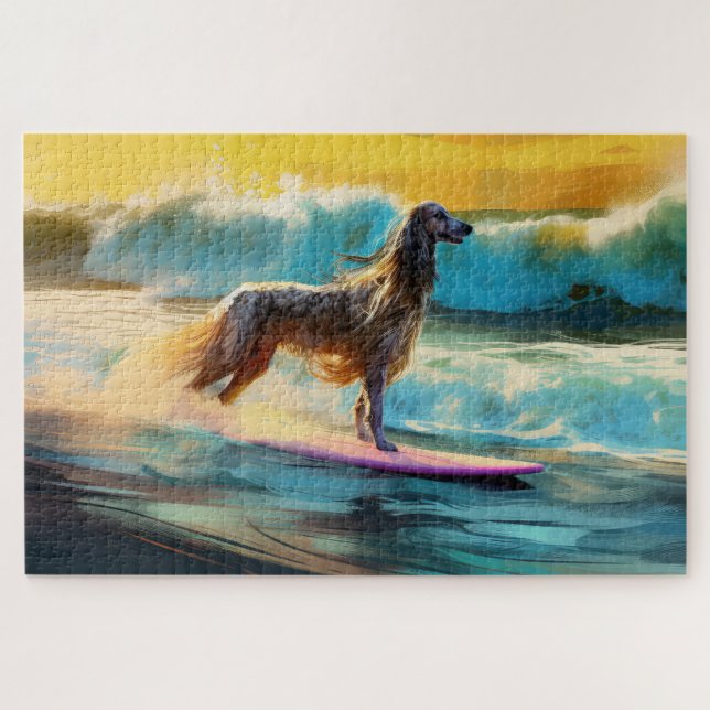 Quebra-cabeça Pintura de Afghan Hound na Praia Surfando (Horizontal)