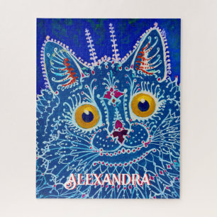Quebra-cabeça Pintura de Arte Popular Caprichosa Gato Azul Nome