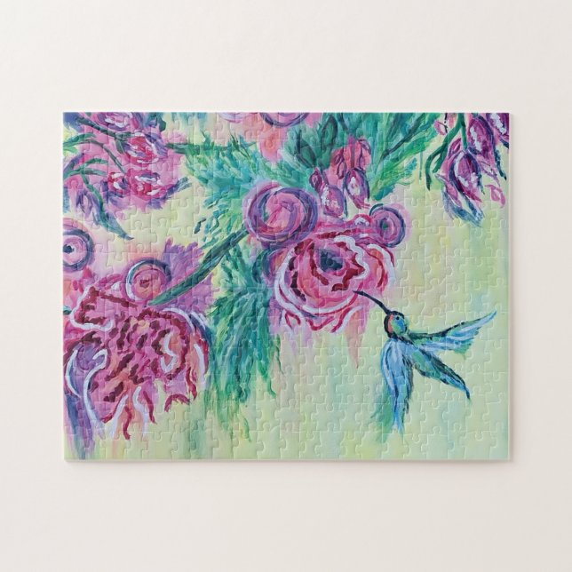 Quebra-cabeça Pintura de Beija-flor Verde Roxo (Horizontal)