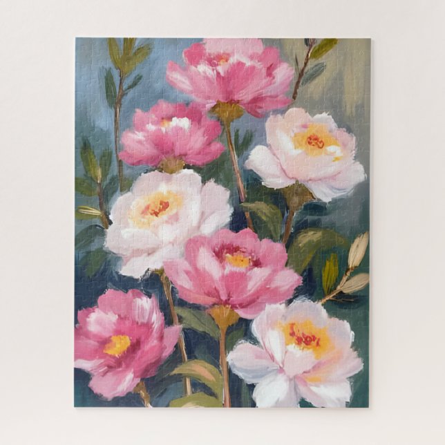 Quebra-cabeça Pintura de Buquê de Flores de Peônias Rosa (Vertical)