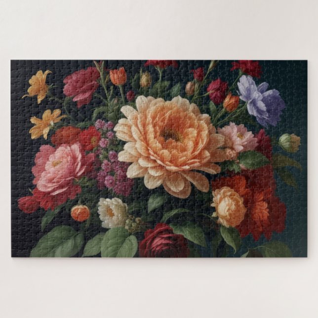 Quebra-cabeça Pintura de Buquê Floral em Fundo Escuro (Horizontal)