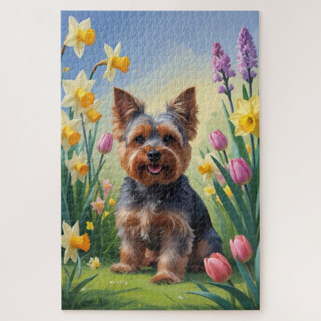 Quebra-cabeça Pintura de Cachorro Yorkshire Terrier Flores de Pr (Vertical)