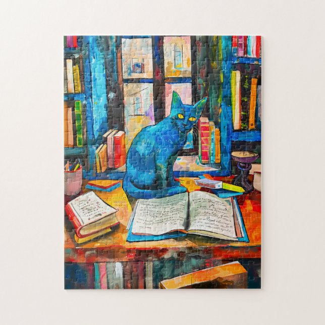Quebra-cabeça pintura de Cat entre Livros Abertos (Vertical)