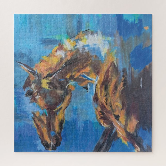 Quebra-cabeça Pintura de Cavalo Abstrato Azul (Vertical)