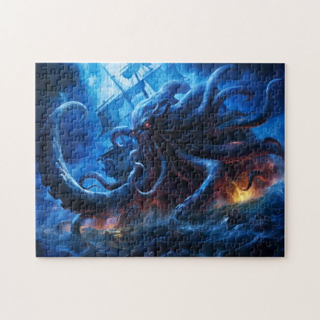 Quebra-cabeça Pintura de Fantasia Kraken Atacando Navio no Mar (Horizontal)