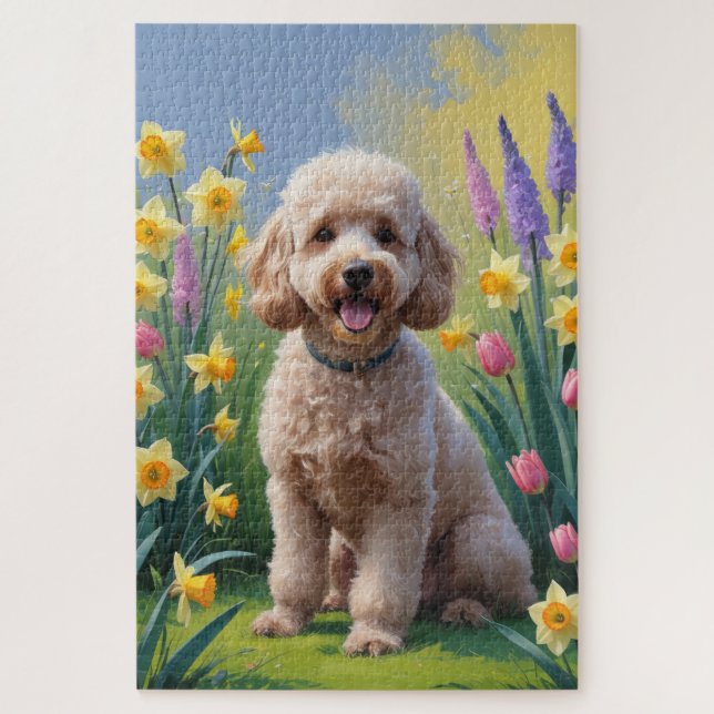 Quebra-cabeça Pintura de Flores da Primavera do Cão Poodle (Vertical)