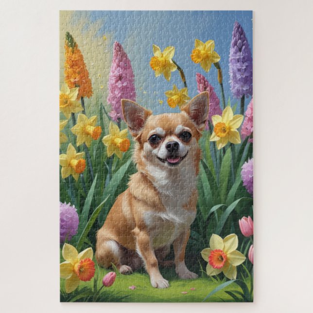 Quebra-cabeça Pintura de Flores de Cachorro Chihuahua (Vertical)