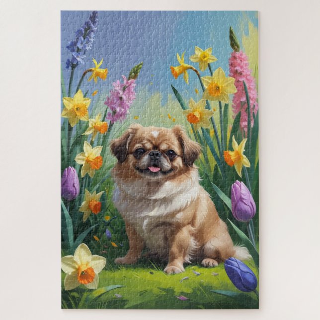 Quebra-cabeça Pintura de Flores de Cachorro de Pekingese (Vertical)
