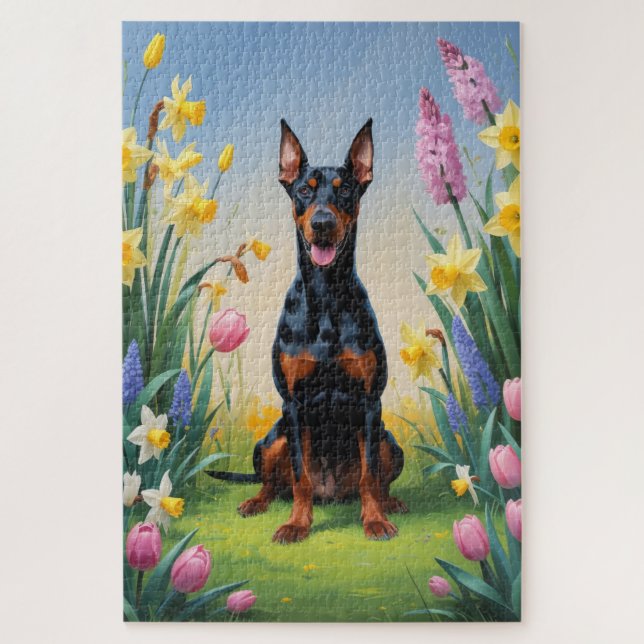 Quebra-cabeça Pintura de Flores de Cachorro Doberman (Vertical)