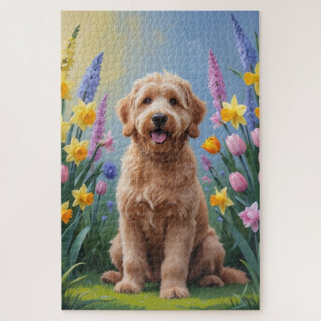 Quebra-cabeça Pintura de Flores de Cachorro Goldendoodle (Vertical)