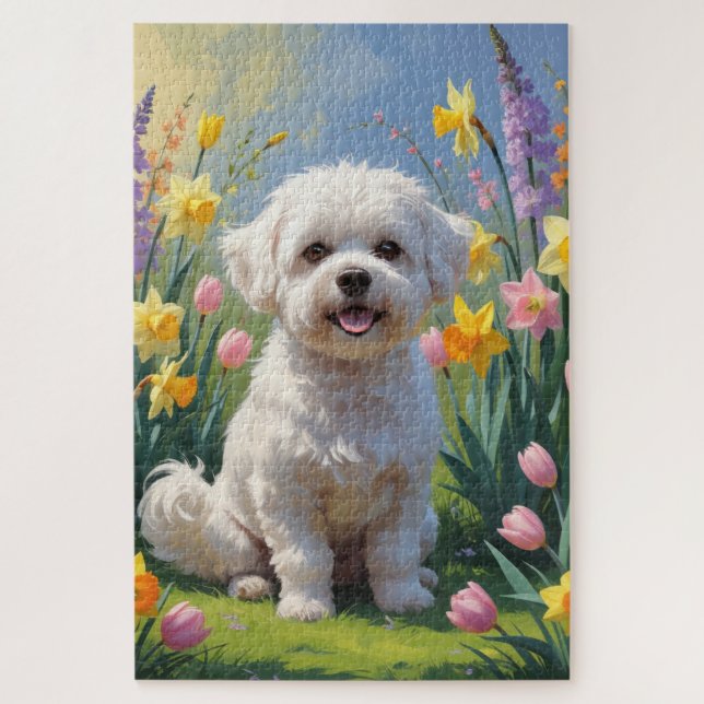Quebra-cabeça Pintura de flores de cãozinho-do-bichon (Vertical)