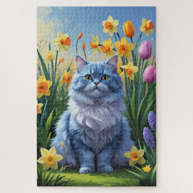 Quebra-cabeça Pintura de Flores de Gato Azul Oriental (Vertical)