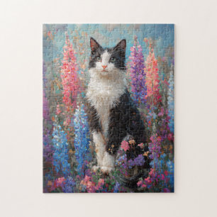 Quebra-cabeça Pintura De Flores De Lupina Coloridas De Gato Tuxe