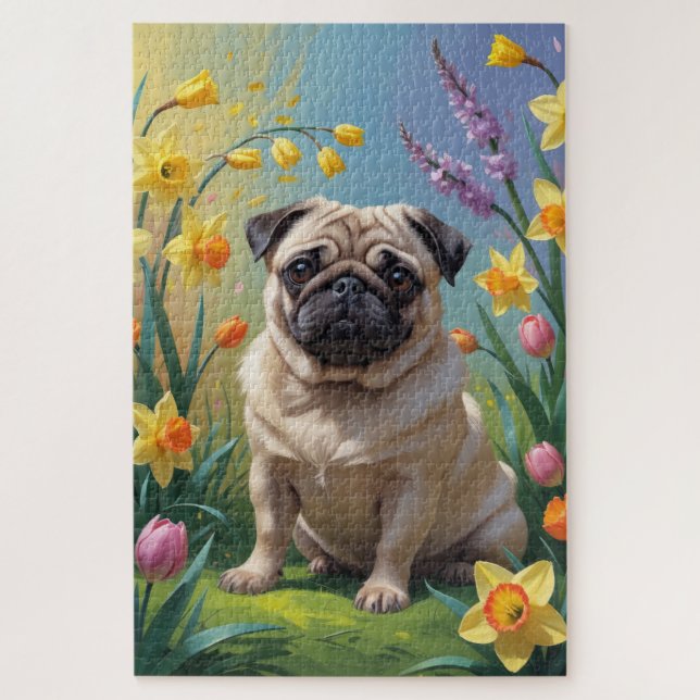 Quebra-cabeça Pintura de Flores de Primavera com Cachorro Pug (Vertical)