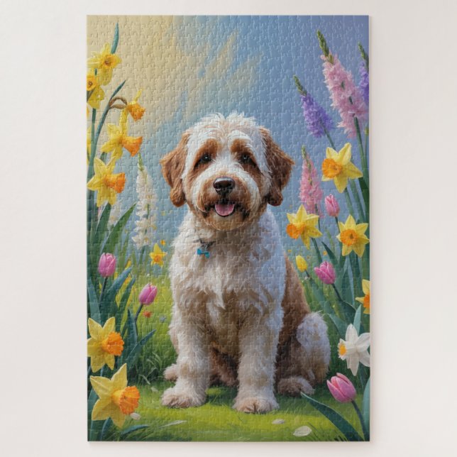 Quebra-cabeça Pintura de Flores de Primavera de Bernedoodle  (Vertical)