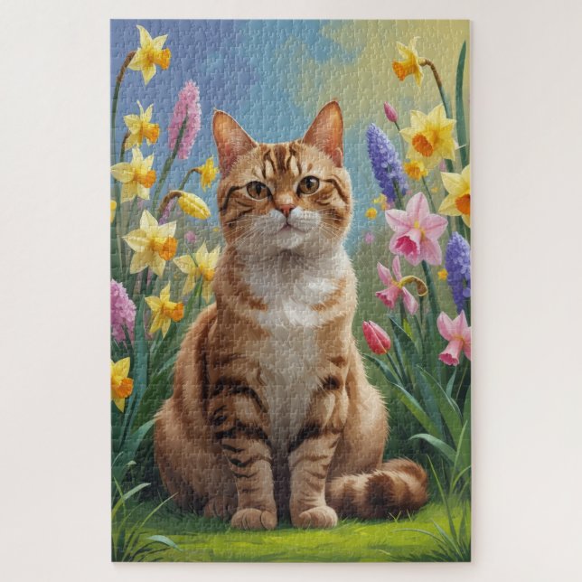 Quebra-cabeça Pintura de Flores de Primavera de Gato Bengal (Vertical)