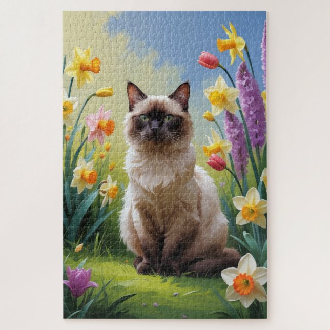 Quebra-cabeça Pintura de Flores de Primavera de Gato Siames (Vertical)