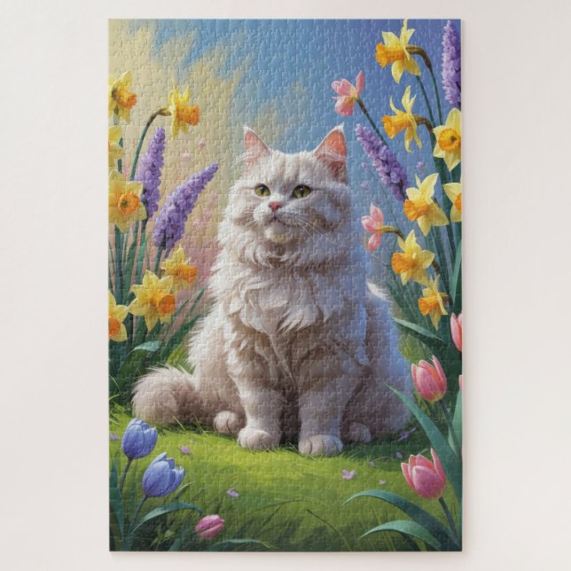 Quebra-cabeça Pintura de Flores de Primavera de Gato Siberiano (Vertical)