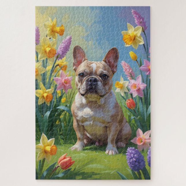 Quebra-cabeça Pintura de Flores de Primavera do Bulldog Francês (Vertical)