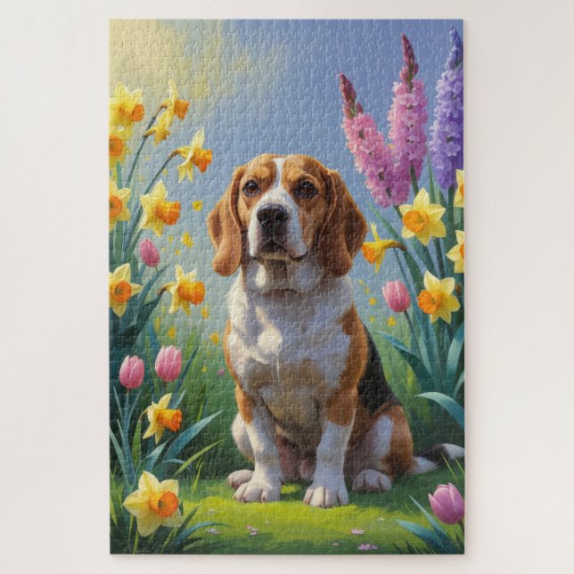 Quebra-cabeça Pintura de Flores de Primavera do Cão Beagle (Vertical)