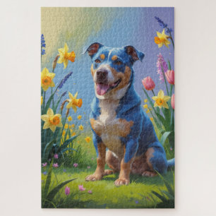 Quebra-cabeça Pintura de Flores de Primavera do Cão Blue Heeler