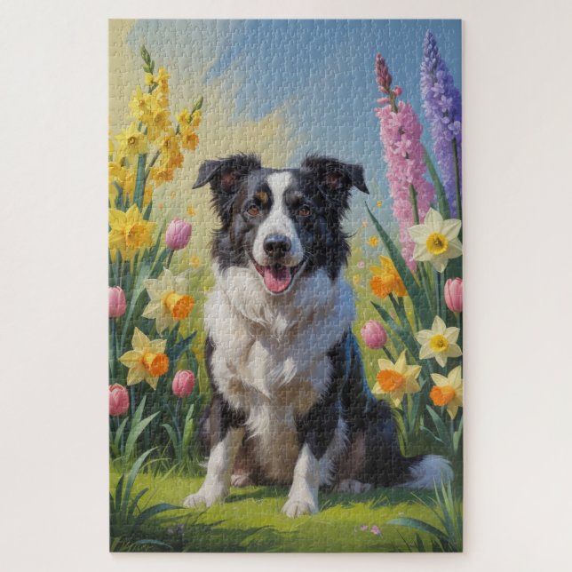 Quebra-cabeça Pintura de Flores de Primavera do Cão Border Colli (Vertical)
