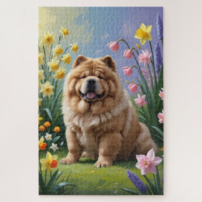Quebra-cabeça Pintura de Flores de Primavera do Cão Chow Chow  (Vertical)
