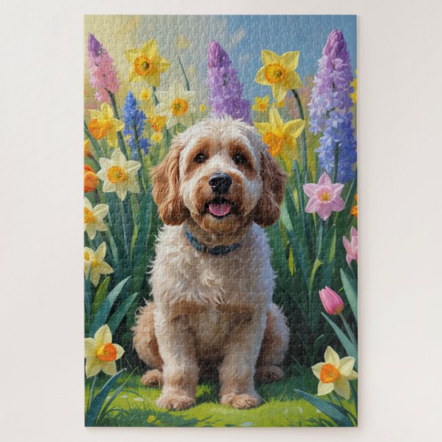 Quebra-cabeça Pintura de Flores de Primavera do Cão Cockapoo (Vertical)