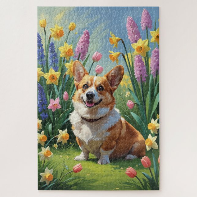 Quebra-cabeça Pintura de Flores de Primavera do Cão Corgi  (Vertical)