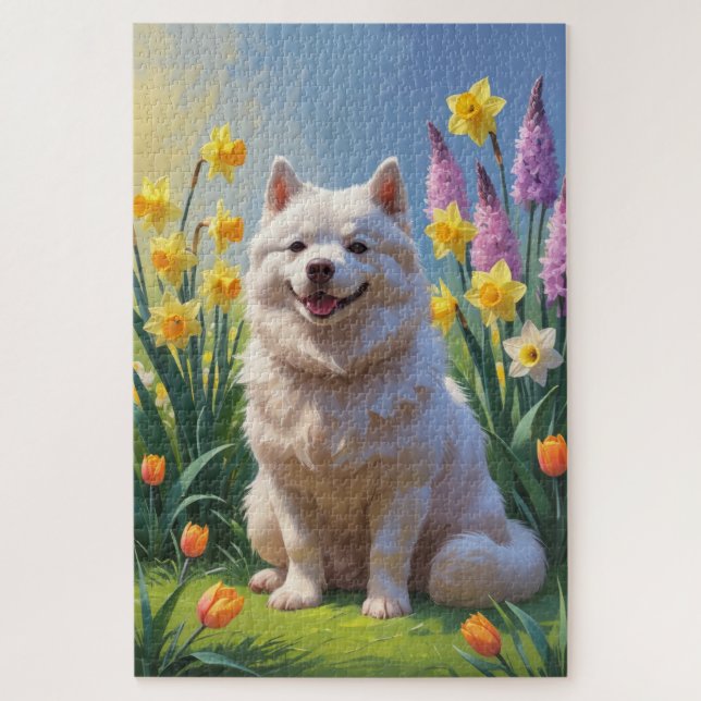 Quebra-cabeça Pintura de Flores de Primavera do Cão Esquimó Amer (Vertical)