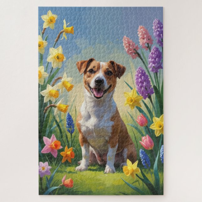 Quebra-cabeça Pintura de Flores de Primavera do Cão Jack Russell (Vertical)