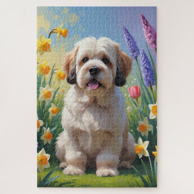 Quebra-cabeça Pintura de Flores de Primavera do Cão Lhasa Apso  (Vertical)